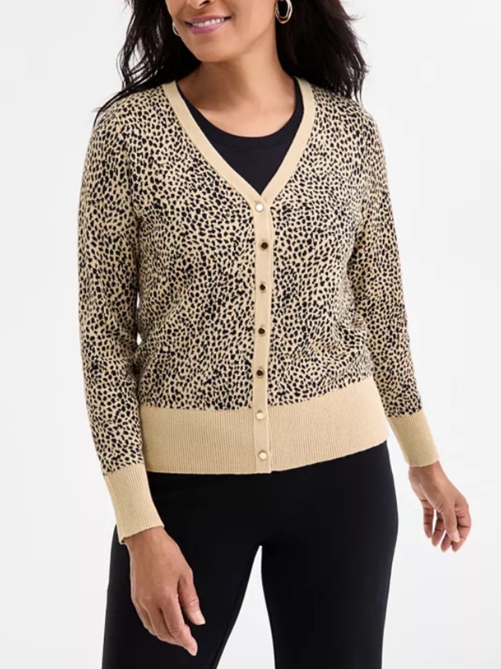 JM Collection Beige and Black Leopard Print V-Neck Cardigan
